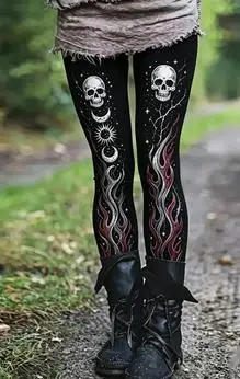 Women's Punk Skull Leggings Black Moon Phase Flame Print Stretchy Slim Fit Pants Gothic Dark Skinny Trousers - view 3