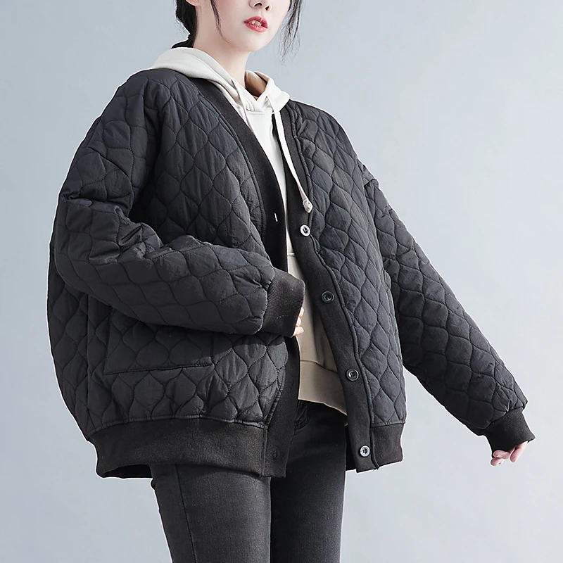 

Vintage Large Size Cotton Coats Women's Clothing Winter Jackets Loose Korean Lingge Parkas V-neck thickened Warm Outerwear fp334