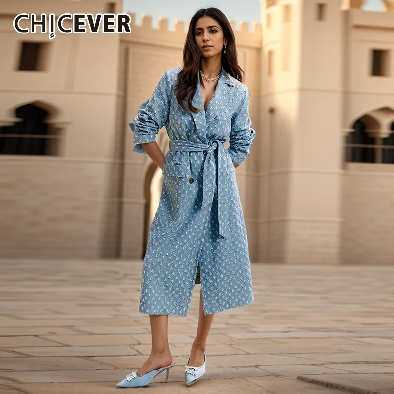 

CHICEVER Casual Patchwork Lace Up Denim Trench For Women Lapel Long Sleeve Spliced Pockets Fashion Windbreaker Female Autumn New