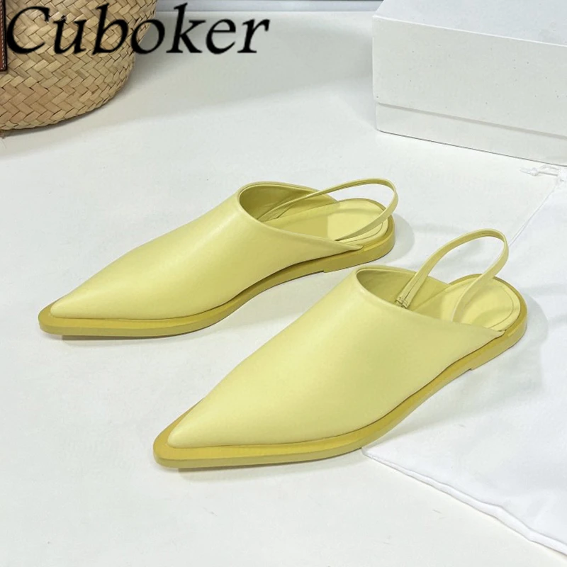 

2024 Summer Pointy Wrap Toe Flat Sandals Women Designer Real Leather Kitten Heel Mules Ladies Fashion Party Dress Shoes Mujer