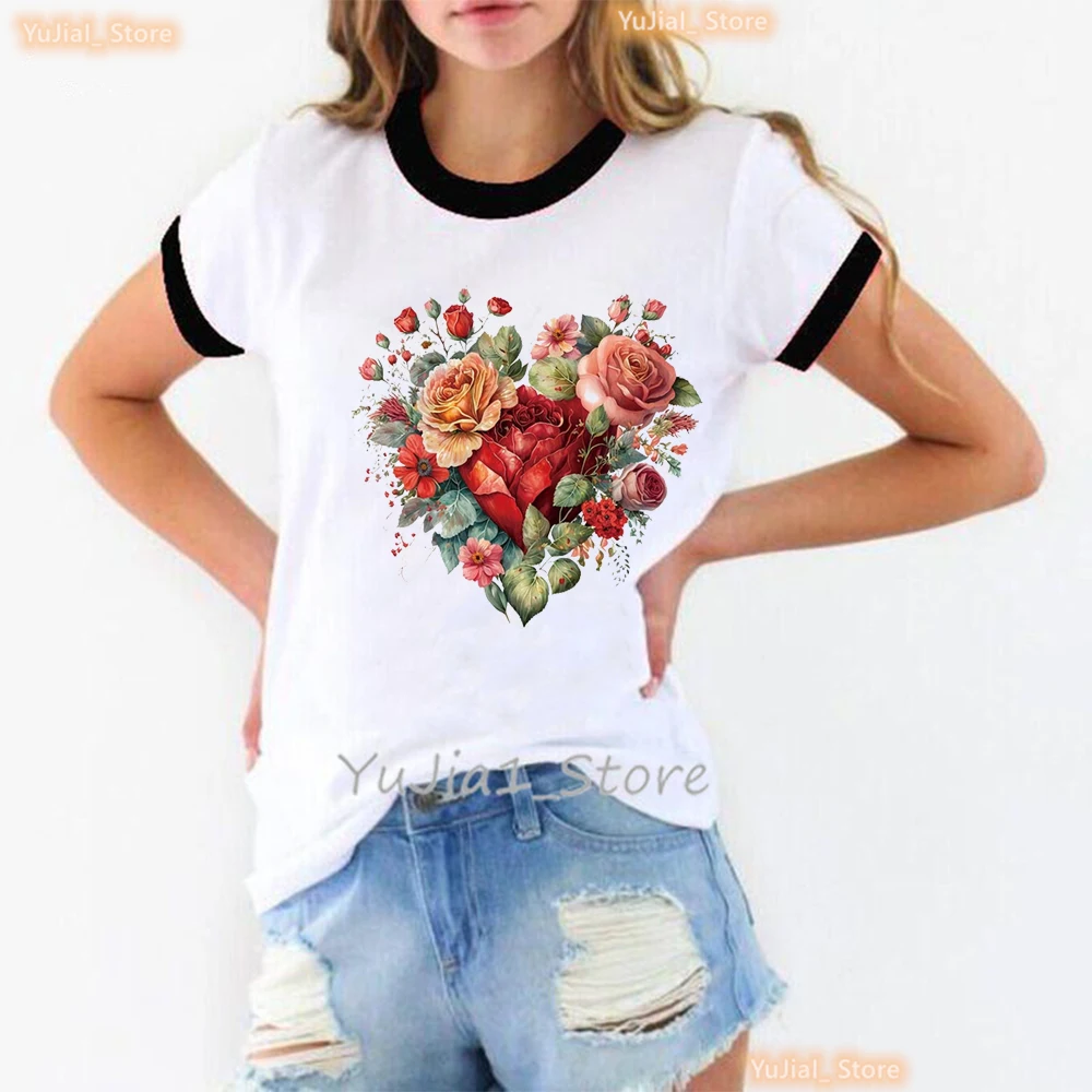 

New Arrival 2024 Funny T Shirt Girls Red Rose Love Tshirt Women Harajuku Kawaii Clothes Summer Tops Short Sleeve T-Shirt Female