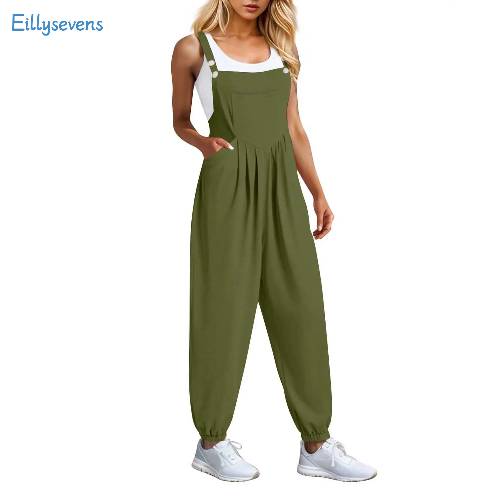 

Women'S New Jumpsuits Causal Classic Button Adjustable Strap Solid Sleeveless Rompers With Pockets High Waist Folds Jumpsuits