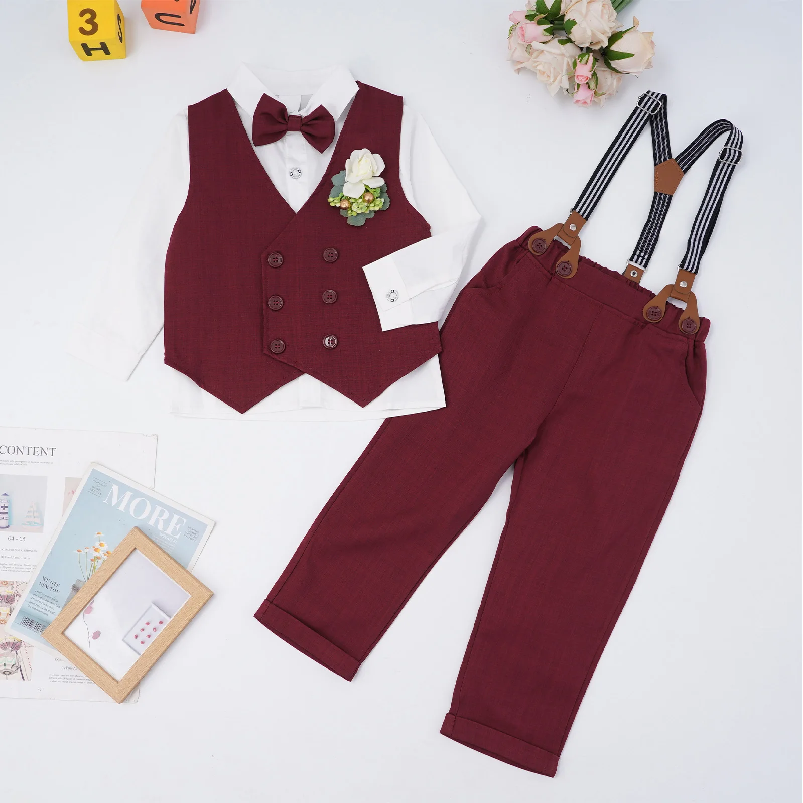 

Toddler Baby Boys Clothes Suit Gentleman Wedding Outfit Kids Formal Party Dress Shirt +Bowtie+Vest+Boutonniere+Suspender Pants