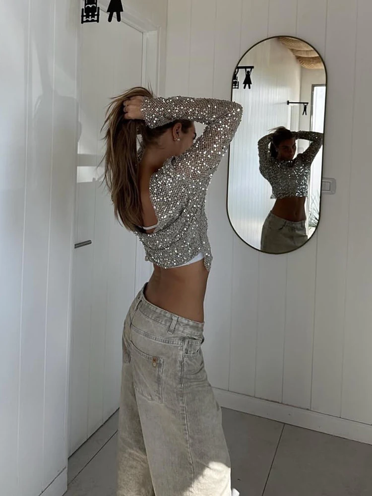 

Sexy Swinging Neck Mesh Hollow Out Sequins Tops Hot Girl Long Sleeve See-through Fishnet Tops High Street Fashion Solid T-shirts