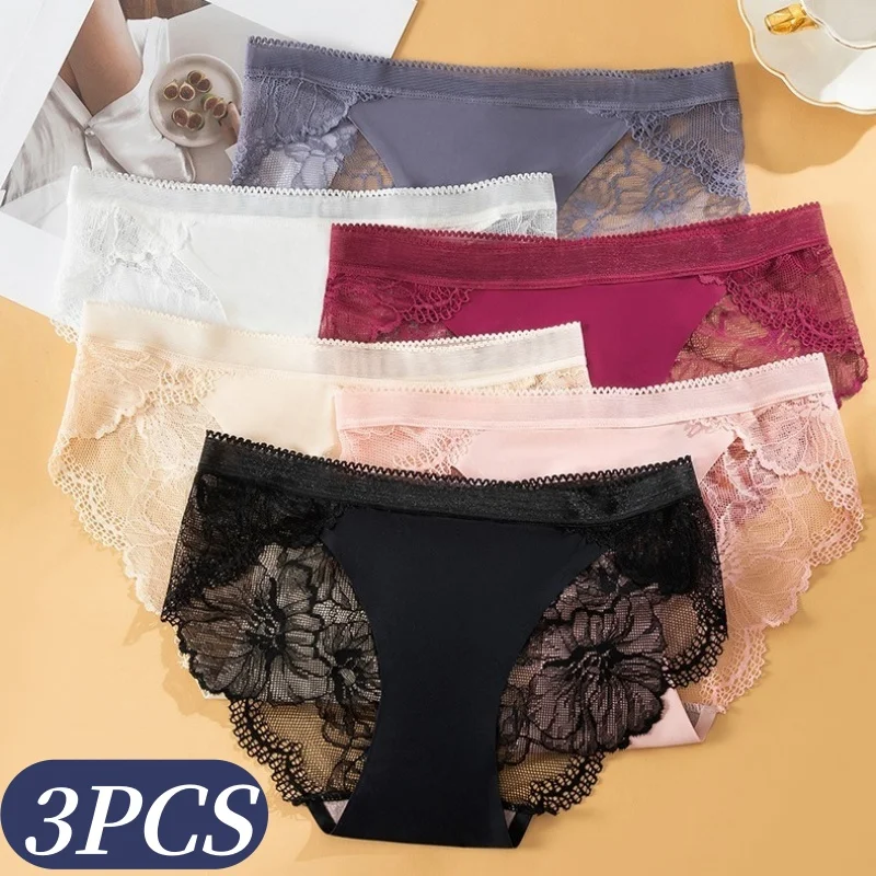 3er-Set Damen-Spitzenhöschen, niedrig geschnittene Slips, Damenunterwäsche, sexy Dessous, sexy transparente Höschen, Unterwäsche M-XL
