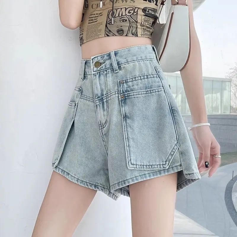 

Джинсовые шорты в стиле ретро для женщин с высокой талией, прямые бедра, свободные и утягивающие широкие шорты