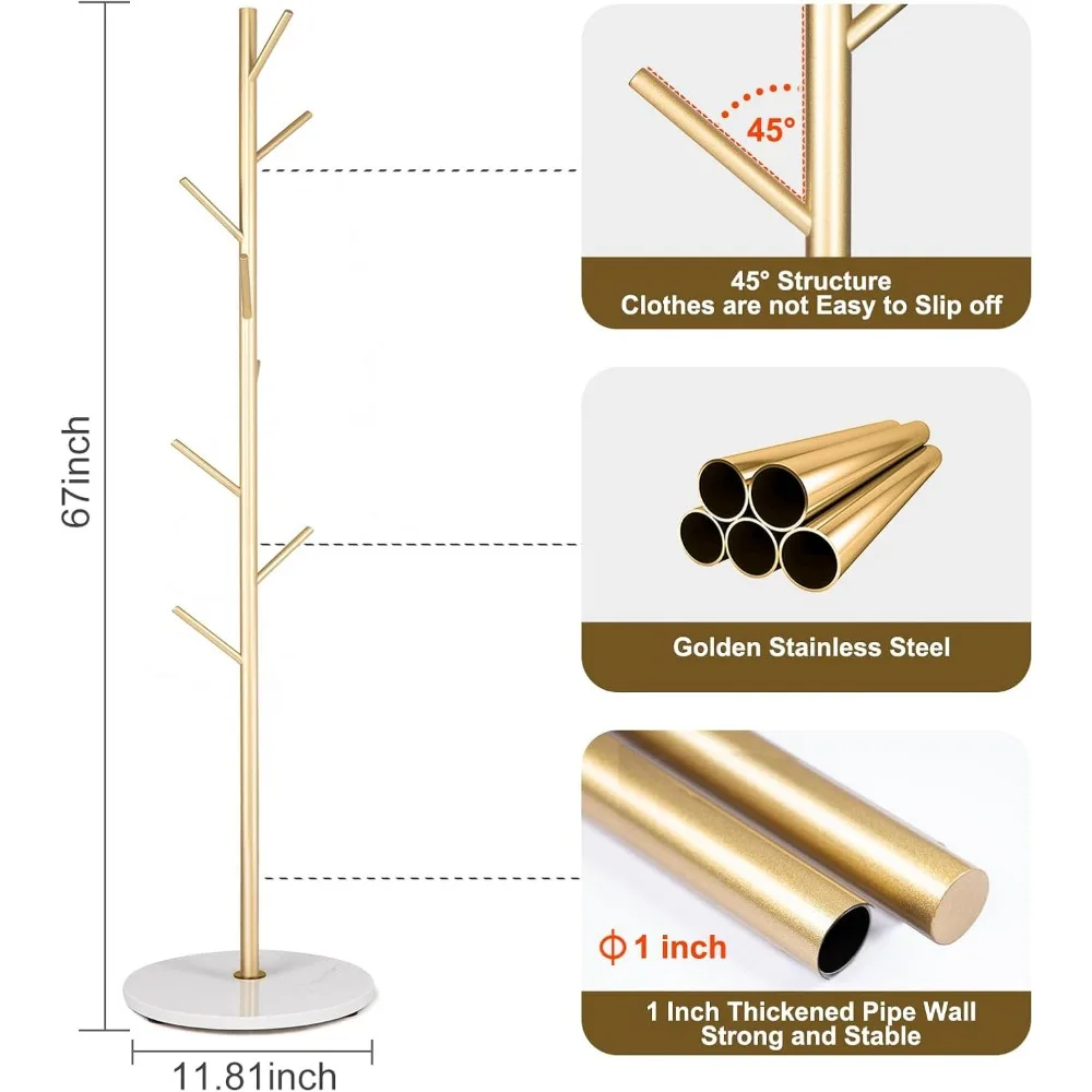 رف معطف معدني قائم بذاته مع 8 خطافات، لمسة نهائية ذهبية، وقاعدة من الرخام الطبيعي للاستقرار الحديث