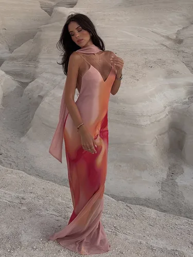 Imagen 2 del producto UNIZERA bufanda impresa vestido largo sin espalda 2025 novedad de verano llegadas ropa de mujer elegante vestido texturizado de satén