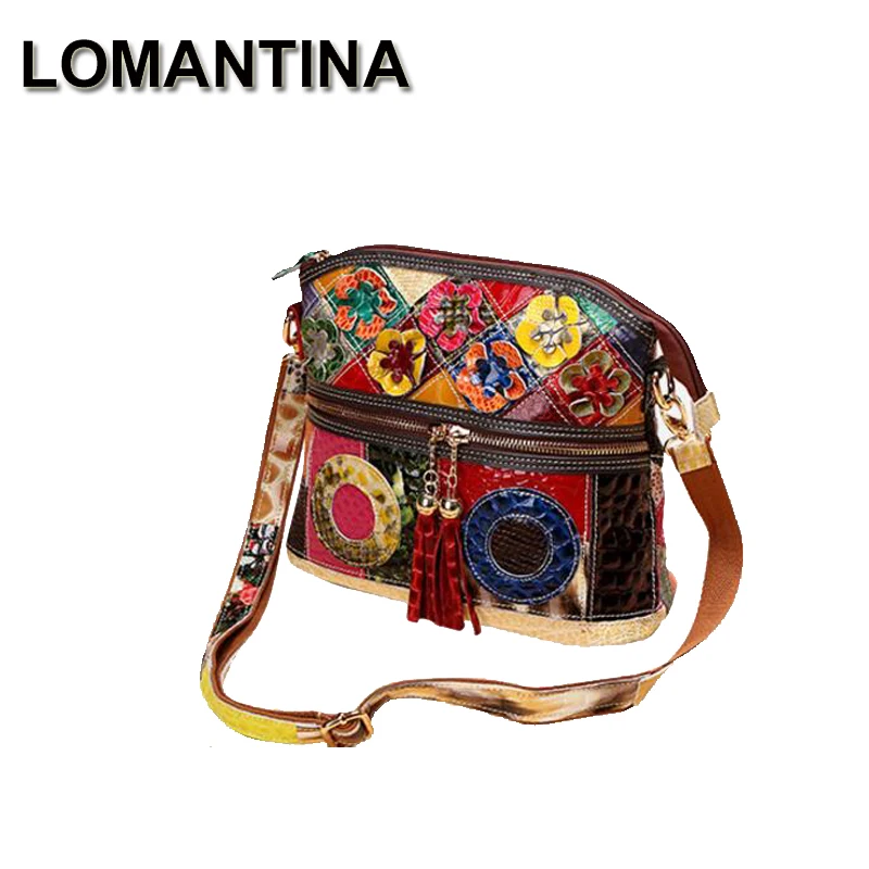 LOMANTINA  Genuine Leather Casual Multi Color Messenger Bag Snake Pattern Women\'s Colorful Flowers Tassels Single Shoulder Purse