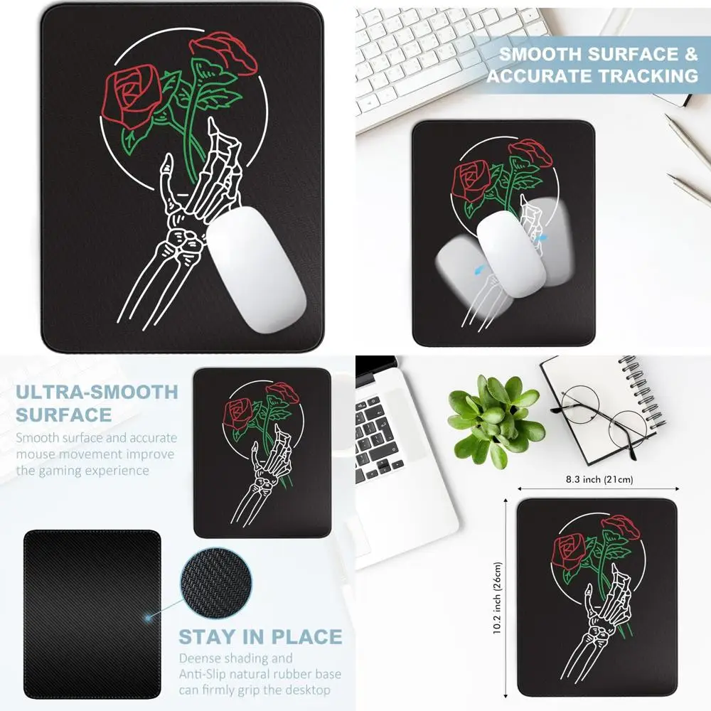 Black Gothic Skull and Rose Square Washable Mouse Pad with Non-Slip Rubber Base and Stitched Edges for Desk Use