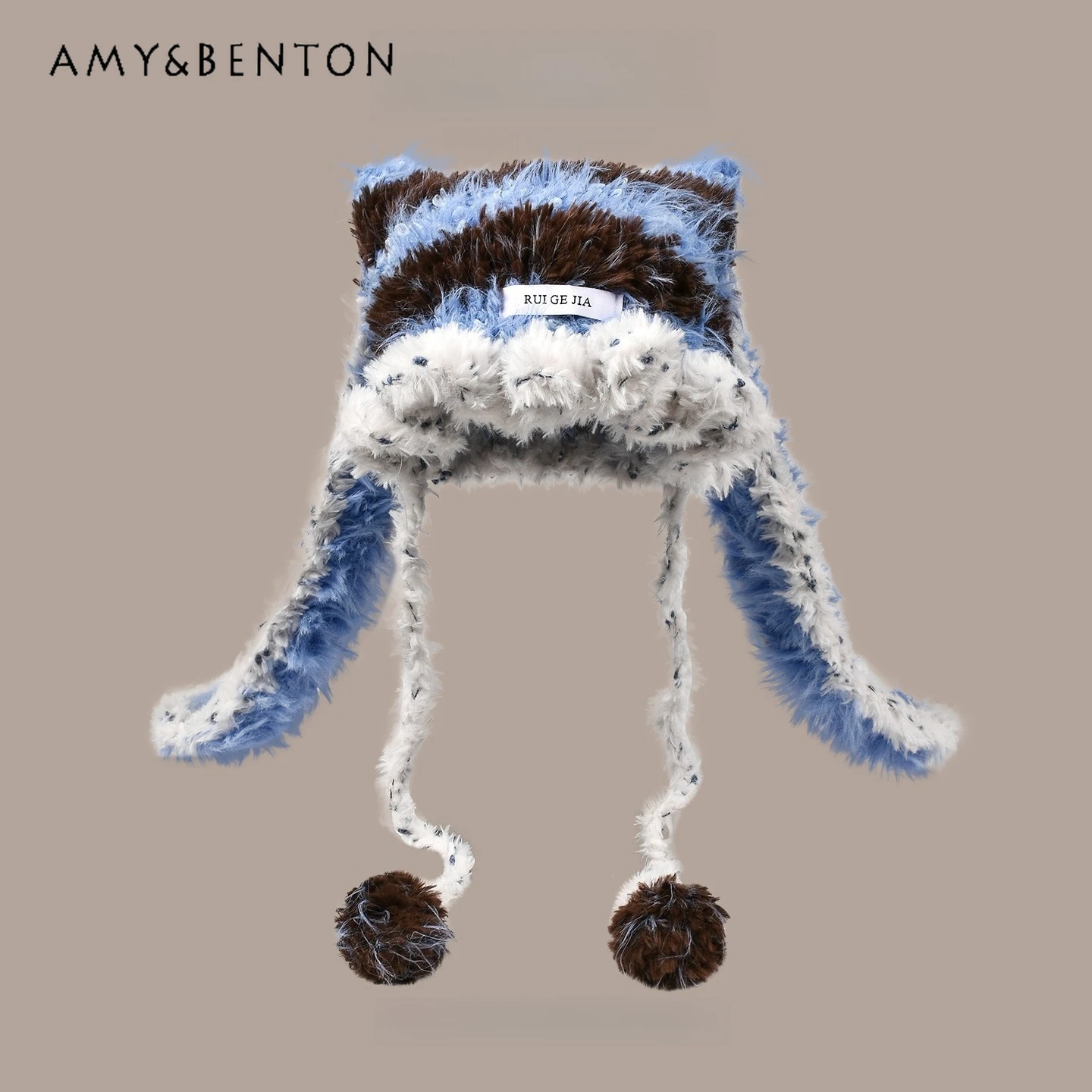 

2025 Autumn Winter New Women's Hanging Ear Rabbit Warm Sweet Cute Warm Versatile Striped Red Blue Brown Pink Knitted Hat