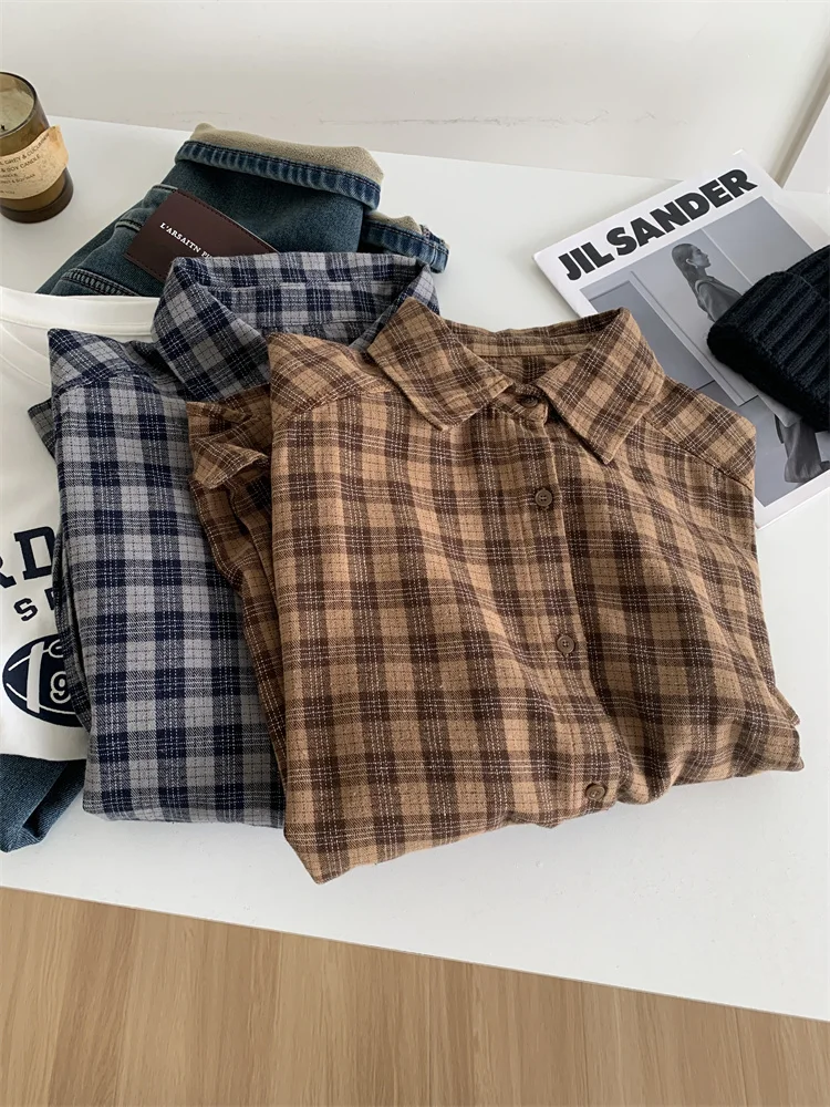 

Washed Cotton Plaid Shirt For Women Short Spring Shirt, Cardigan, Loose Collar Top