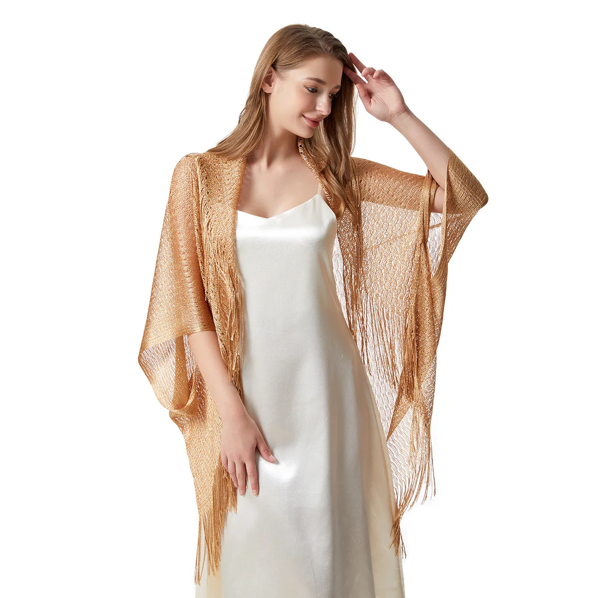 New Polyester Bat Sleeve Shawl Gold and Silver Thin Outer with Hollow Tassel Sun Protection Large Size Cardigan
