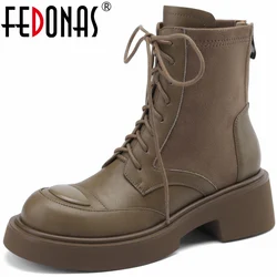 FEDONAS Cross-Tied Popular Women Ankle Boots Autumn Winter Splicing Genuine Leather Zipper Shoes Woman Casual Outdoor Leisure