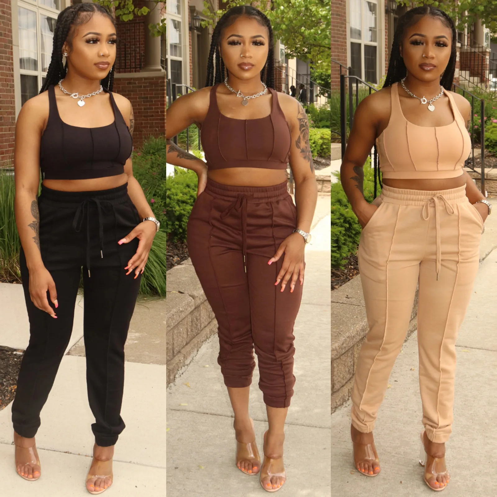 2022 Summer New Women\'s Fashion Sexy Bandage 2 Two-piece Set Sleeveless Tight Short Top & High Waist Skinny Trousers Pants Set