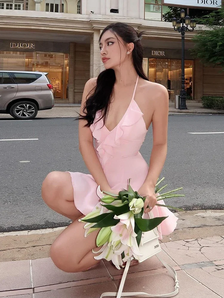 니버 홀터 러플스 브이넥 드레스 여성 백리스 우아한 섹시한 여름 패션 브이넥 솔리드 생일 파티 클럽웨어 미니 바디콘