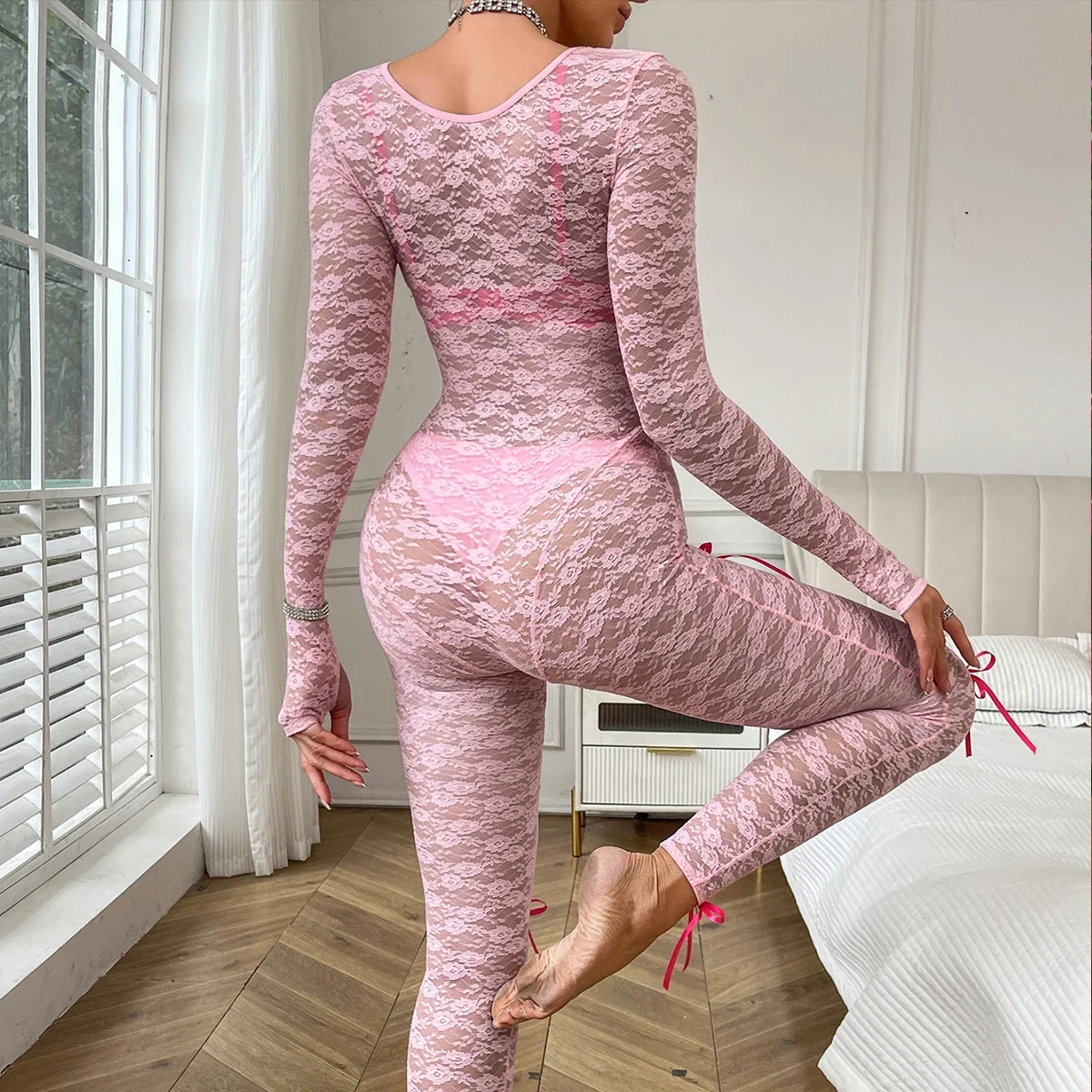 MUZISKAT ลูกไม้ Jumpsuit ผู้หญิงเซ็กซี่โปร่งใสแขนยาว U-คอ SLIM FIT Workwear สบายๆไนท์คลับชุด 3 ชิ้น