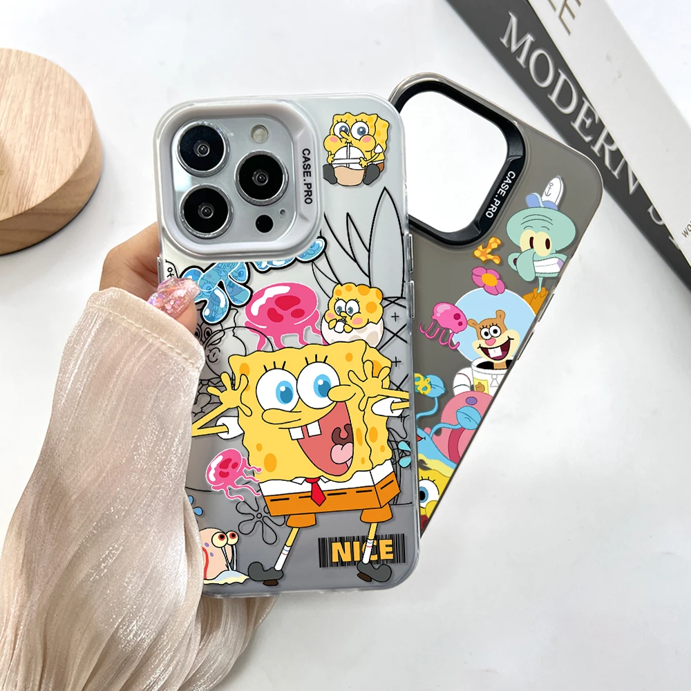 Cartoon Cute SpongeBobs Phone Case for IPhone 13 12 11 15 14 Pro Max Plus Lens Creative Border Silver Plated Inside Hard TPU