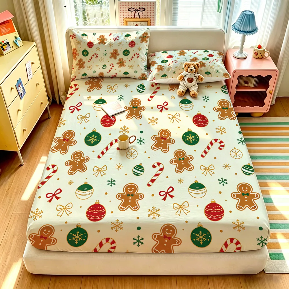 3PCS Christmas Gingerbread Man Ball Candy Cane Print Duvet Cover Set No Insert Soft Washable 1 Duvet Cover 2 Pillowcases Fash