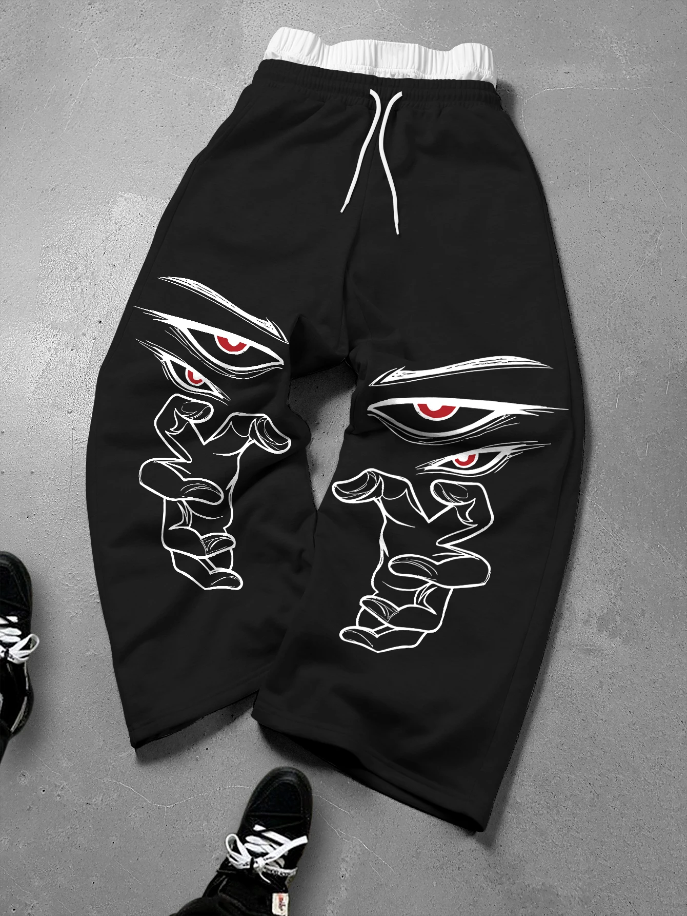 Men's Gothic Anime Baggy Wide Leg Capri Sweatpants Polyester S-3XL Red Eye Claw Print Drawstring Hip Hop Streetwear Casual Pants
