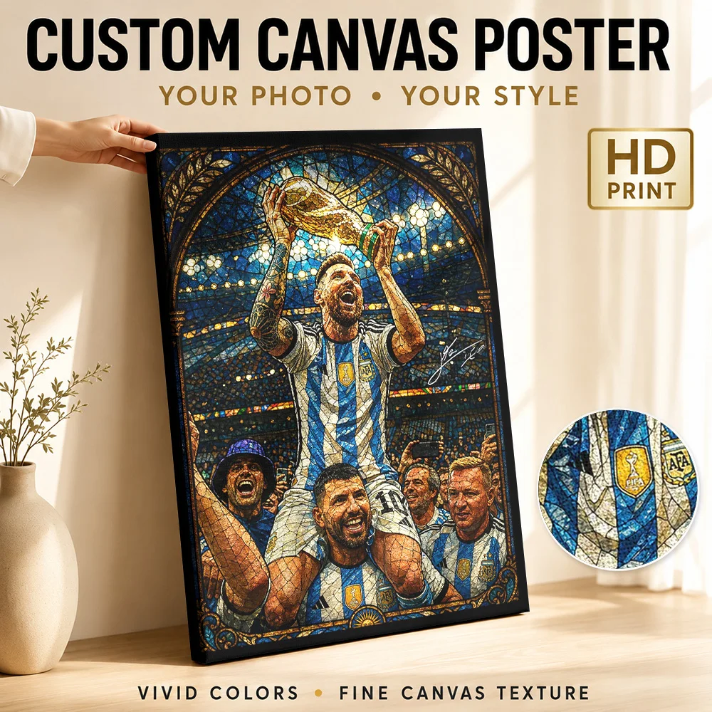 Messi lifts  in stained glass style Framed Canvas Print Poster Customized Photo Sports Portrait Wall Art for Bedroom Gym Decor