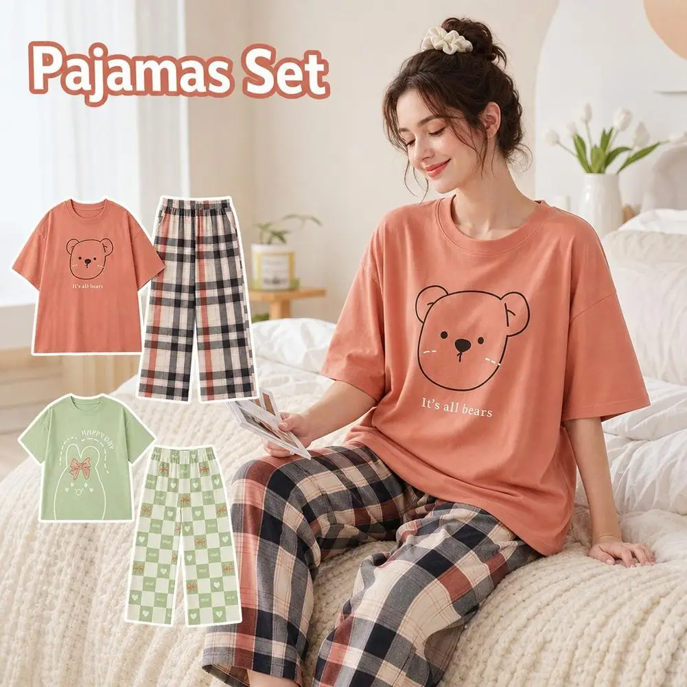 2-Piece Women Pajamas Set New Trousers Loose Casual O-Neck Home Wear Set Autumn and Winter Cartoon Bear Xmas Long Sleeve Pajamas