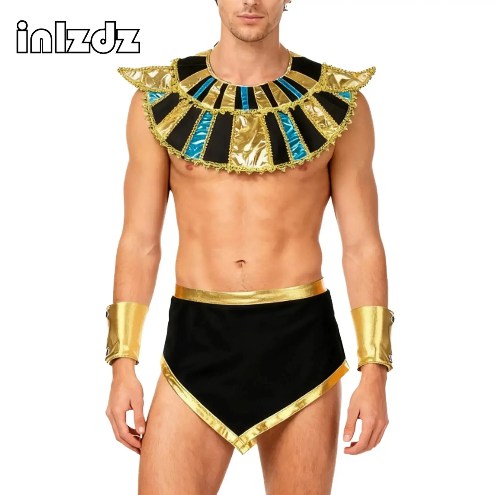 

Mens Halloween Carnival Ancient Egypt Cosplay Costume Gold Trim Metallic Shiny Collar+Skirt+Sleeves Outfits for Masquerade Party