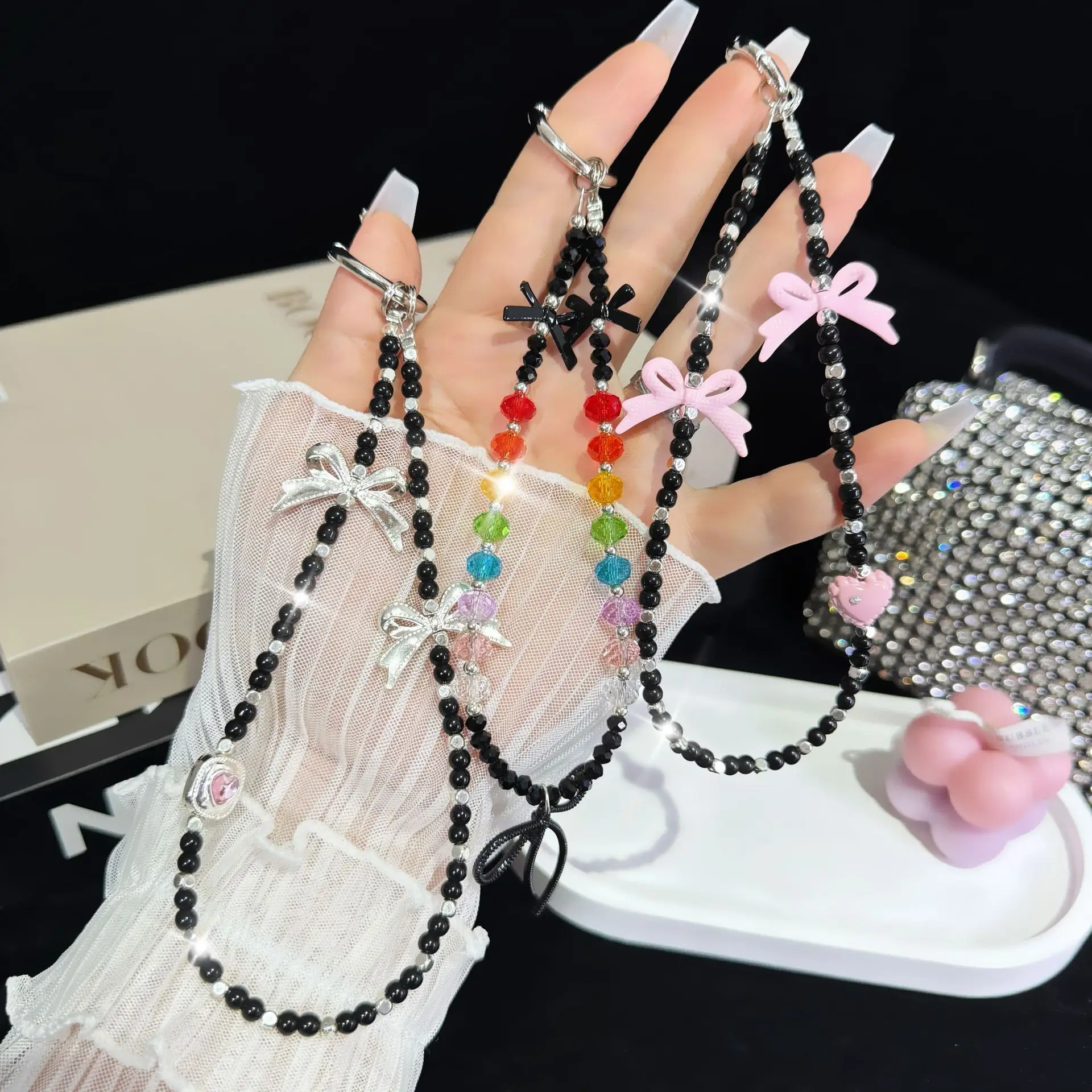 

Черный, розовый балетный галстук-бантик для цепочки для мобильного телефона Sweet Cool Spice Y2K, аксессуары для ключей с допамином, ремешок из бисера в стиле INS
