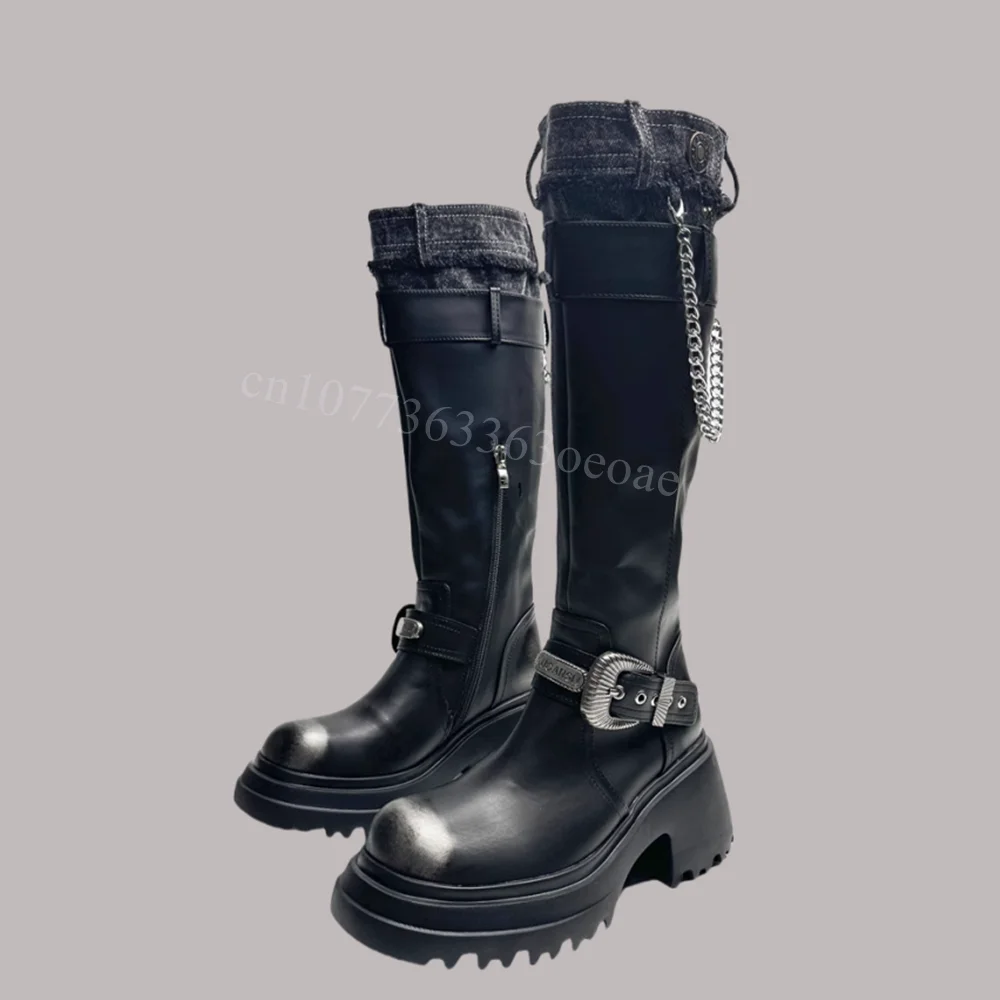 

Buckle Belt Chain Decor Boots Chunky Heels Patchwork Shoes for Women Matte Leather Knee High Biker Shoe 2024 Zapatos Para Mujere