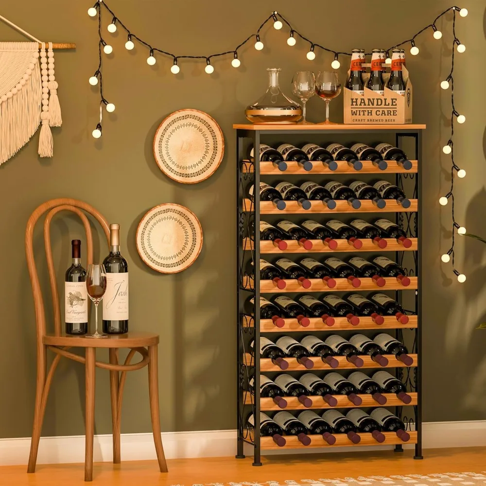 Floor Wine Rack with Wood Top, Freestanding Wine Bottle Organizer Shelf, Wobble-Free 8 Tier Wine Display Storage Stand