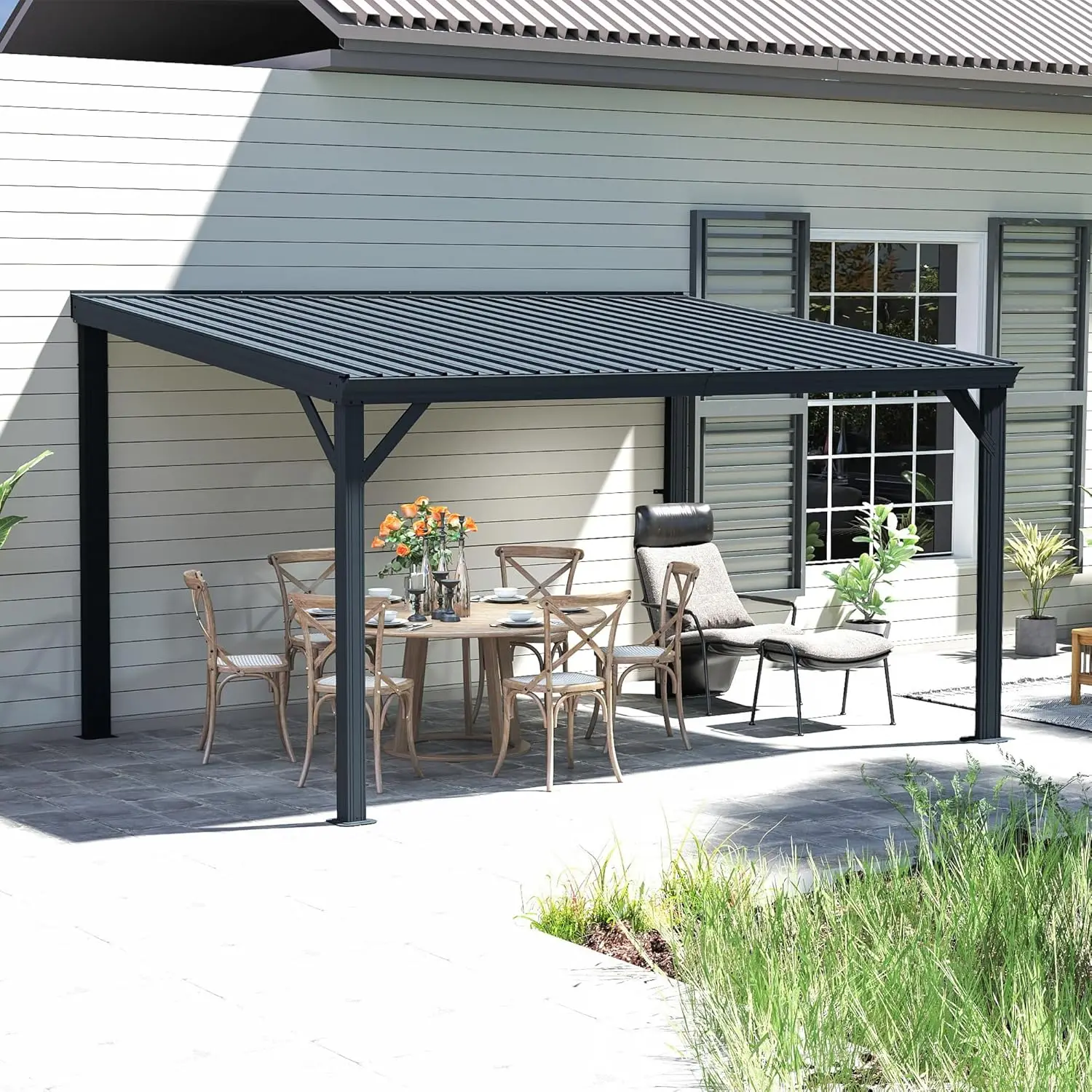 10'X14' Lean To Gazebo, Wall Mounted Gazebos Pergola with Built in Drainage System, Galvanized Steel Roof, Hardtop Patio Shelter