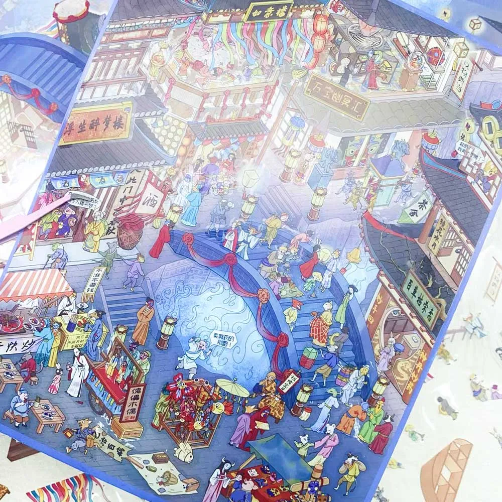 4pcs Big Size Chinese Horror Miniature Scene 3D Landscaping Stickers DIY Scene Stacking and Pasting Hand Account PET Stickers