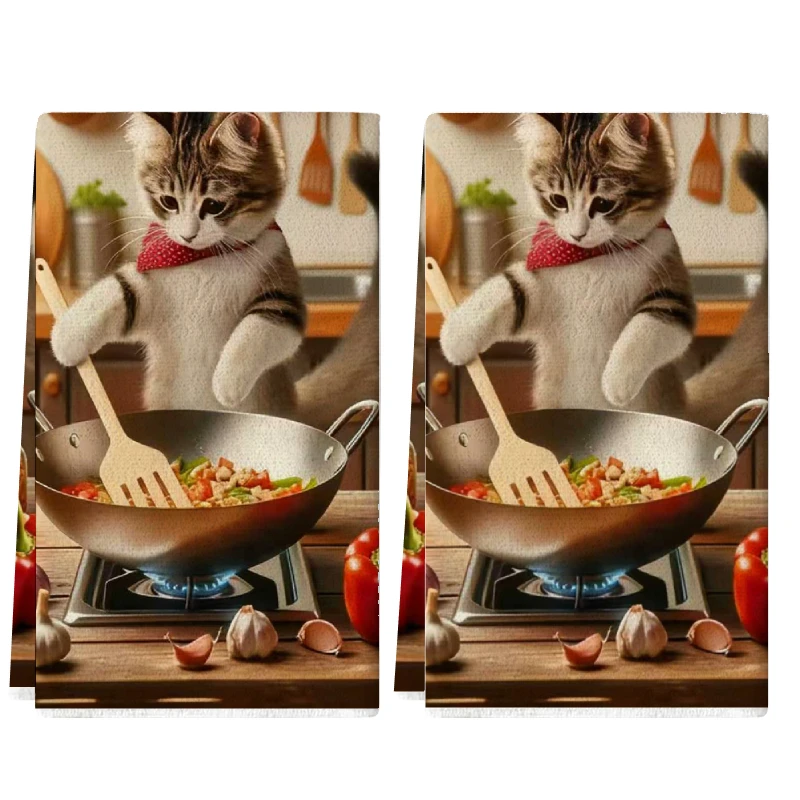 2Pcs, Chef Cat Kitchen Towels, 40Cm*60Cm Towel Set, Super Absorbent Soft Cleaning Cloth, Cooking and Baking Tea Towel, Hand Towel, Cleaning Cloth, Dishcloth, Kitchen Decoration, Living Room Decoration, Kitchen Essentials, Home Essentials