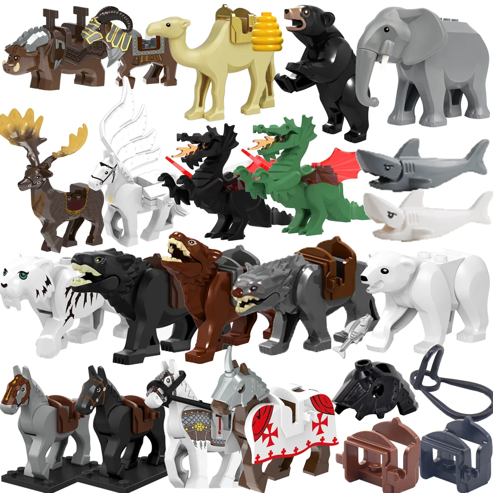 Single Sell Medieval Knight War Horses Wolves Tiger Bears Deer Dragon Animal Decorative Toy Moc Building Block Rope Saddles K039