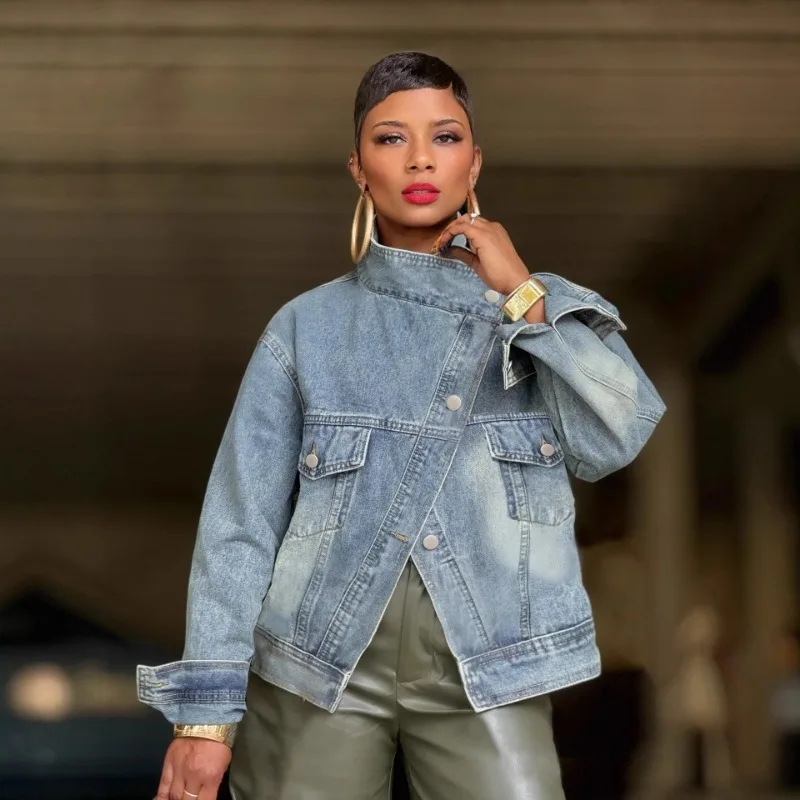 

Fashion Women's Street Style Solid Color Leisure Denim ort Jacket Stand Collar Spring Autumn Outerwear Retro Washed Women Top