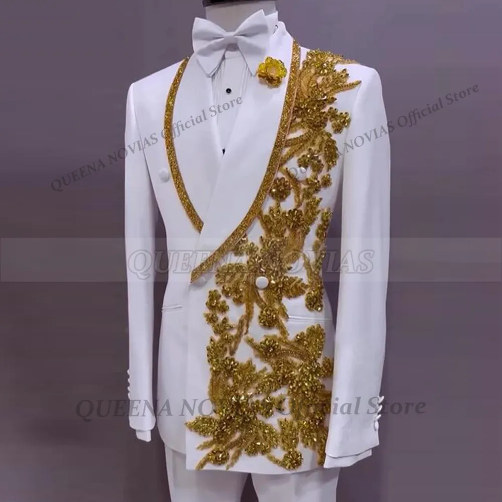 Exclusive Groom Wedding Suits Gold Embroidered Beaded Prom Blazers Customized Man Banquet Red Carpet Tuxedos 2 Piece Set Attires