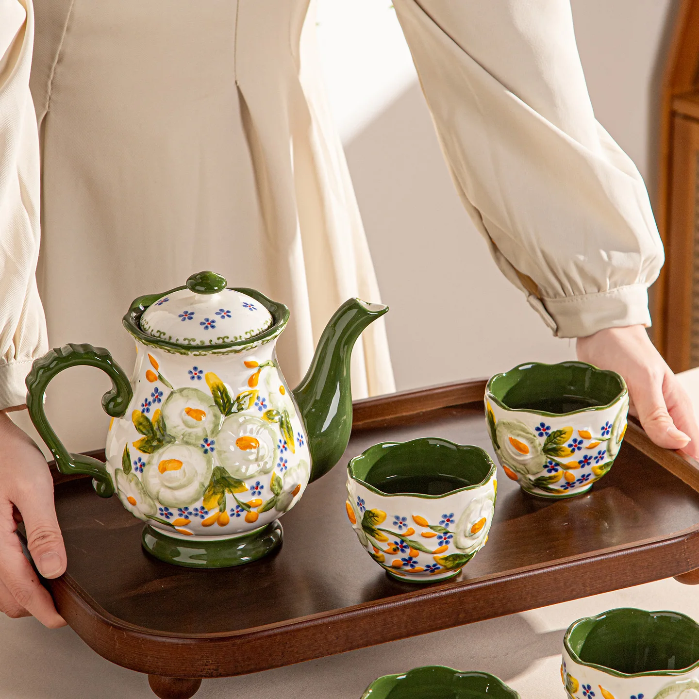 Vintage Ceramic Teapot with Floral Pattern Elegant Water Pot for Afternoon Tea and Home Decor