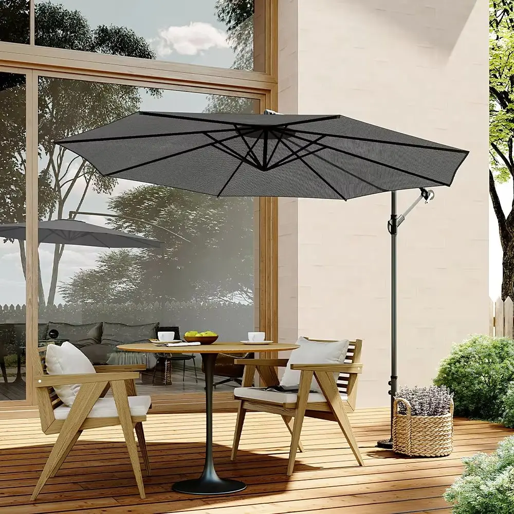 3M Large Garden Hanging Parasol Cantilever Sun Shade Patio Banana Umbrella No Base, Dark Grey /Black