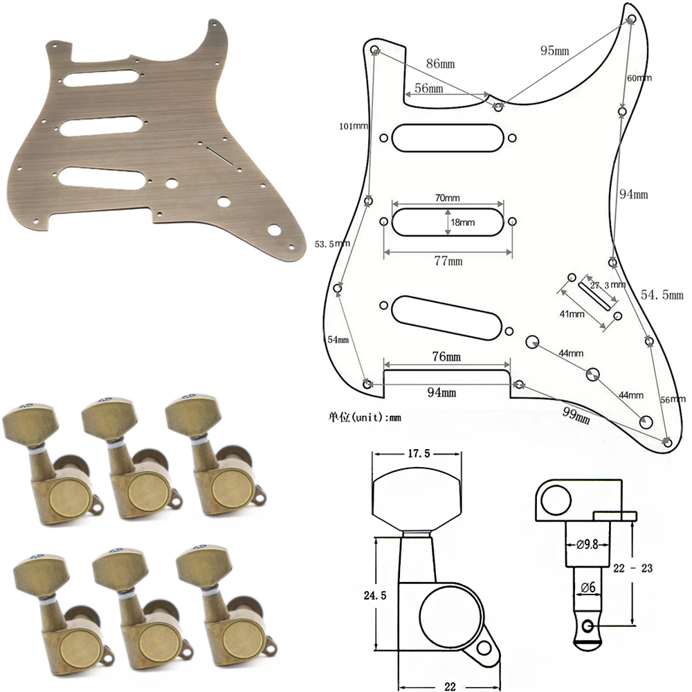 Set Of Bronze Guitar Accessories SSS Guitar Pickguard Plate Guitar Knobs Jack Pickups Cover Screw Tuning Pegs For ST Guitar