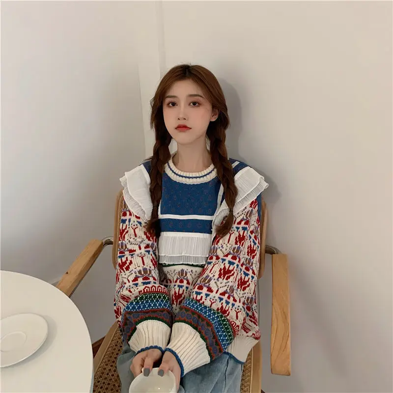 Sweater Women\'s New Autumn and Winter Stitching Loose and Lazy Wind Outer Wear Korean Style Round Neck Pullover Sweater