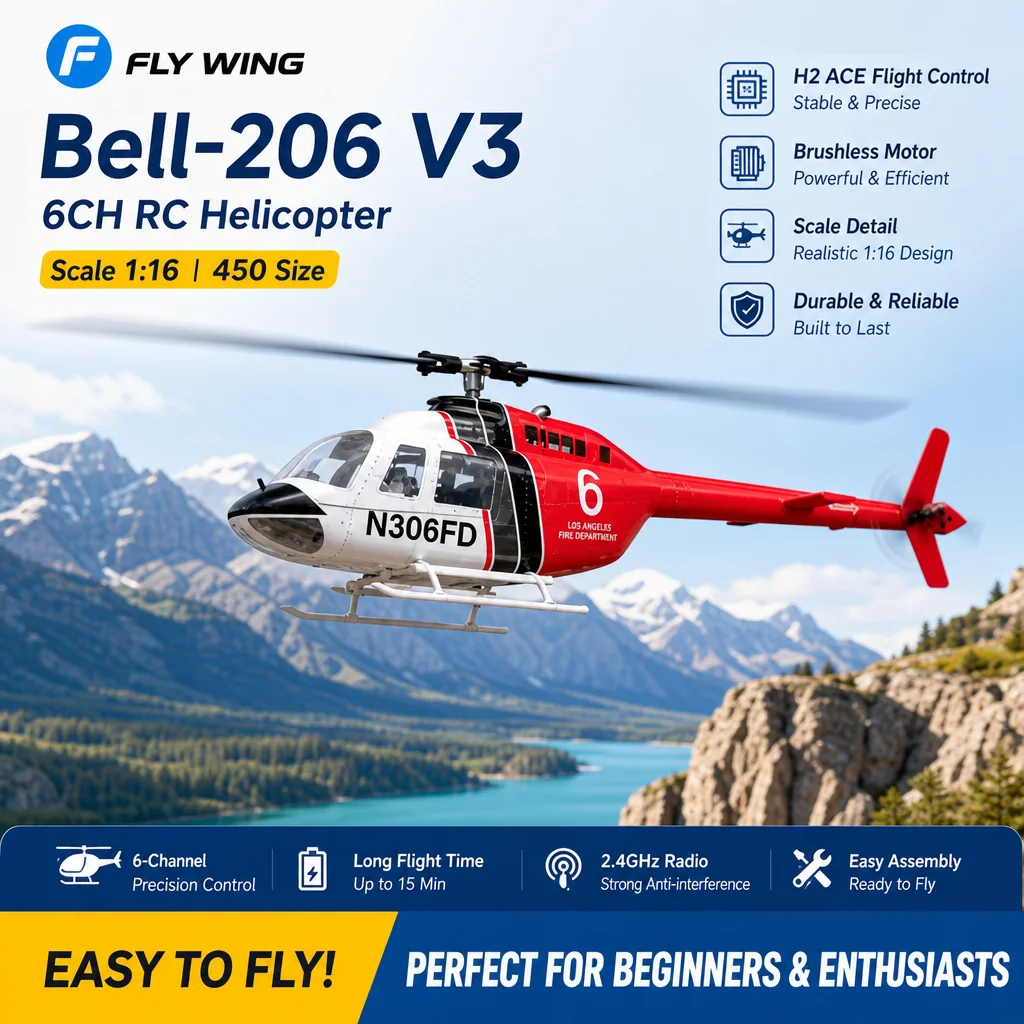 FLYWING Bell 206 V3 450 Size RC Scale Helicopter – 6CH Brushless, H2 ACE Flight Controller, 1:16 Scale