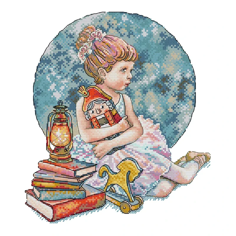 Joy Sunday-Cross Stitch Kit, The Girl with Her Toy, White Print Fabric, Embroidery Needlework Sets, Decor Sets, 11CT, 14CT