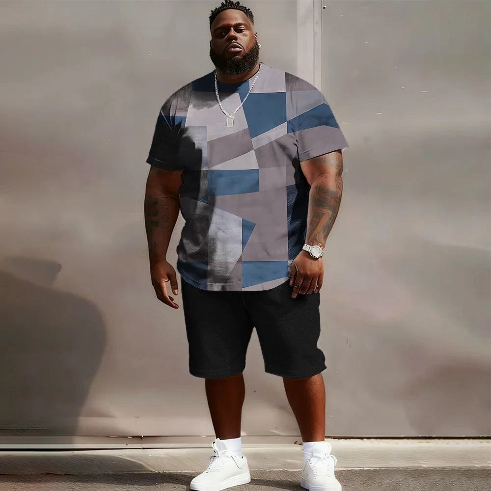 S-9XL Plus Size Men's Streetwear 2 Piece Outfit, Patchwork Plaid Geometric Print Short Sleeve T-Shirt and Shorts Set