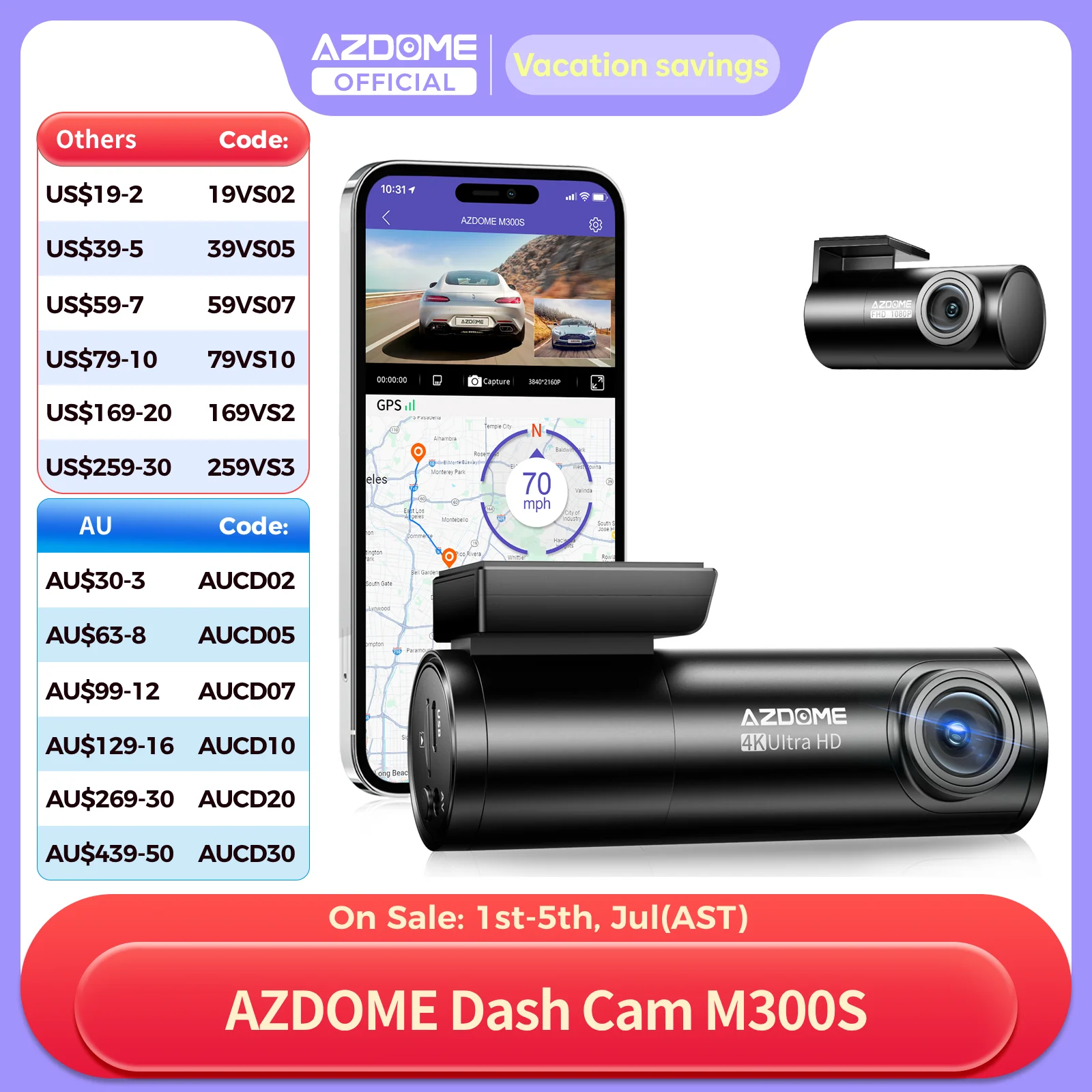 

AZDOME M300S 4K Dash Cam Front and Rear, 5.8G WiFi GPS Dash Camera for Cars, Free 64GB SD Card, Voice Control, WDR Night Vision