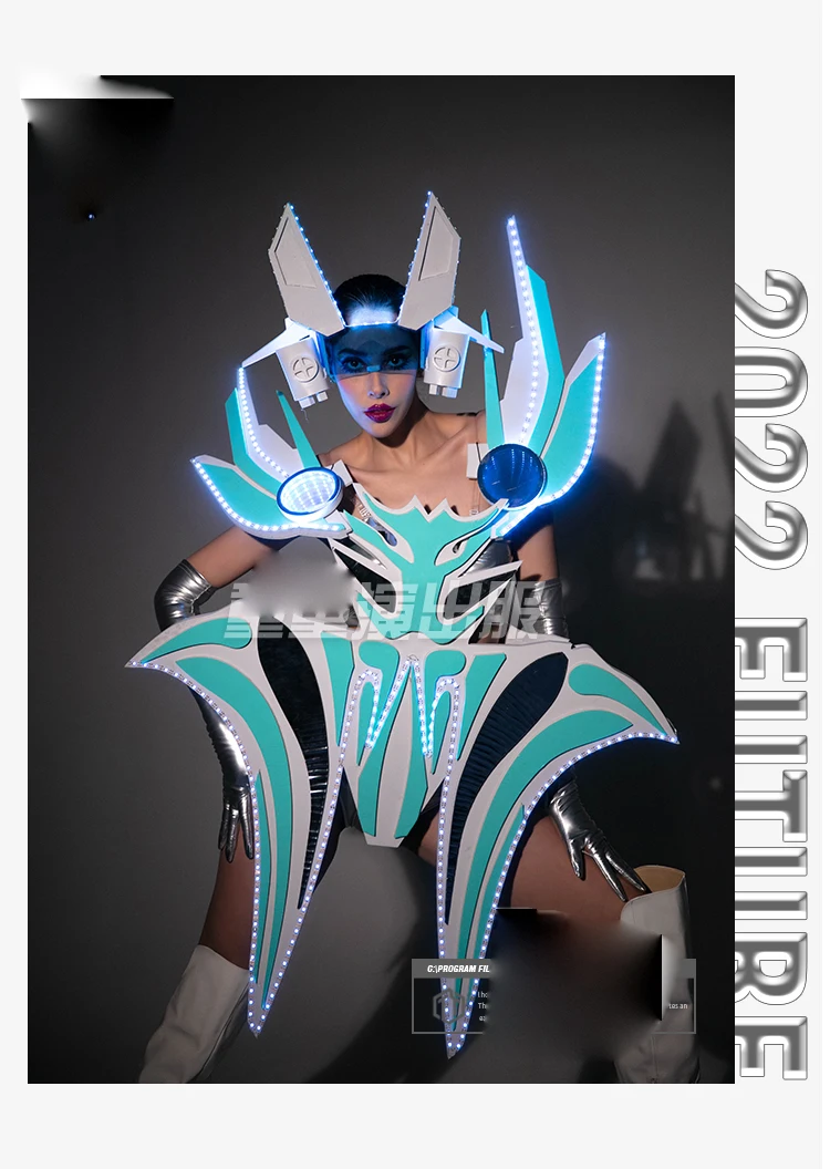 Luxury Led Light Costume Space Alien Future Warrior Blue Glow Gogo Clothing Female Nightclub Guest Performance Cloth