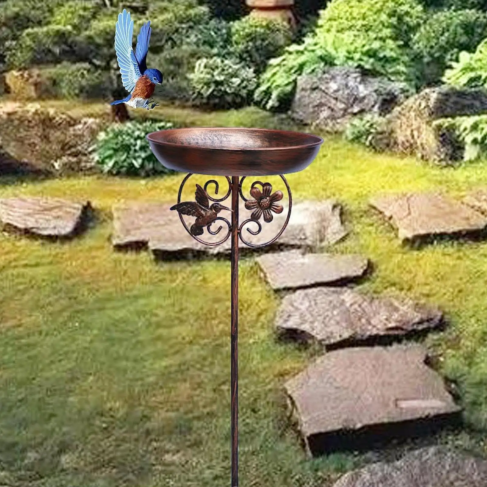 

Freestanding Bird Bath Bowl with Stake Patio Gift Landscape Decorative Bird