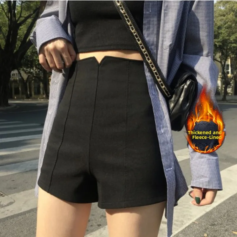 

Черные флисовые защитные шорты для женщин, осенне-зимняя верхняя одежда, тонкие флисовые невидимые брюки с защитой от просвечивания, зимние шорты