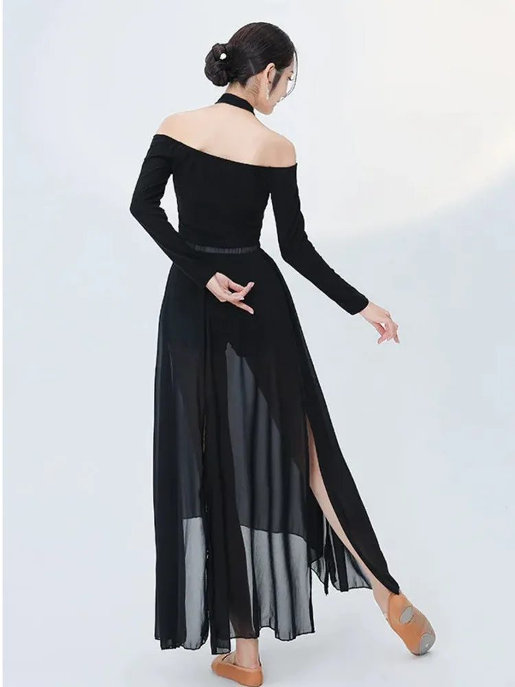 ホルターネック ホルター バックレス 長袖トップ シフォン スプリット スカート バレエ ダンス ステージ衣装 女性 女の子 パフォーマンスウェア