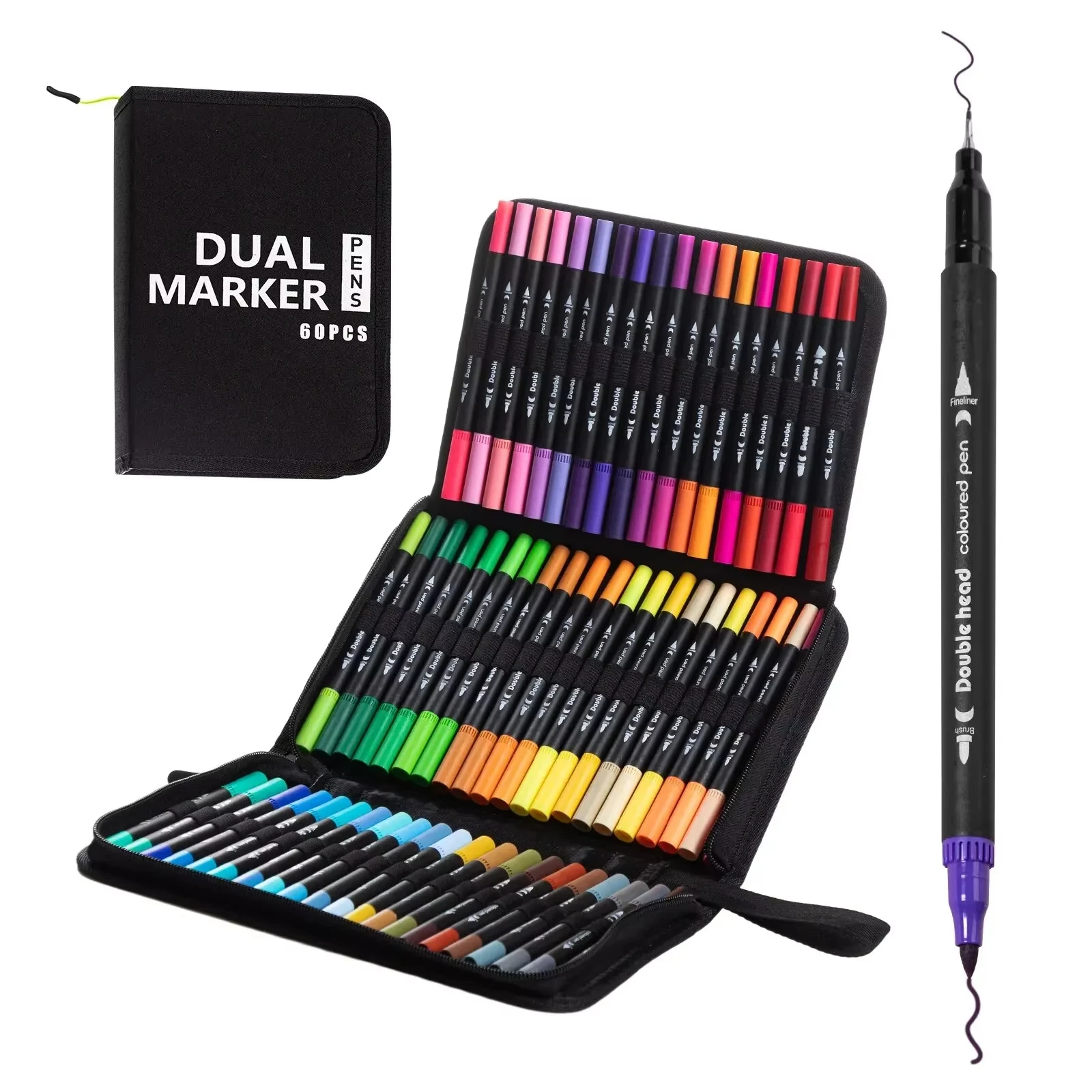 

60/120 Color Dual-Tip Marker Set Vibrant Watercolor Fine Tip and Brush Pen - Durable Case with Zipper - Soft Tip for Coloring