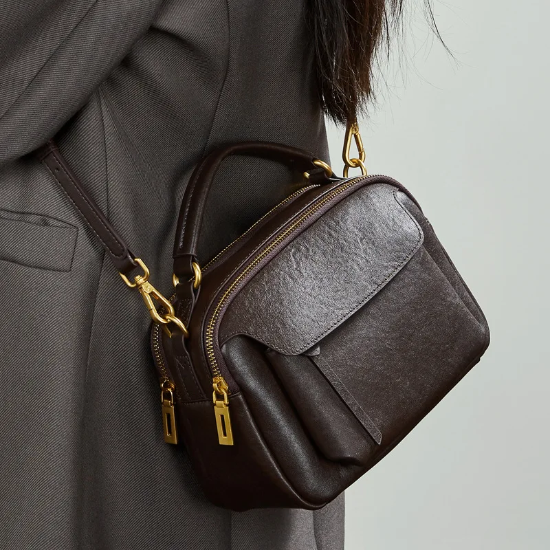 

2026 Genuine Leather Fashion Boston Bag for Women, Retro Top Leather Handbag Crossbody Bag, Trendy Single Shoulder Women's Bag